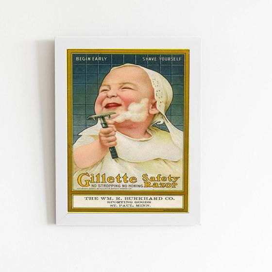 Imagem de Quadro Barbearia Gillette Bebê Retro Moldura Branca 60x40cm