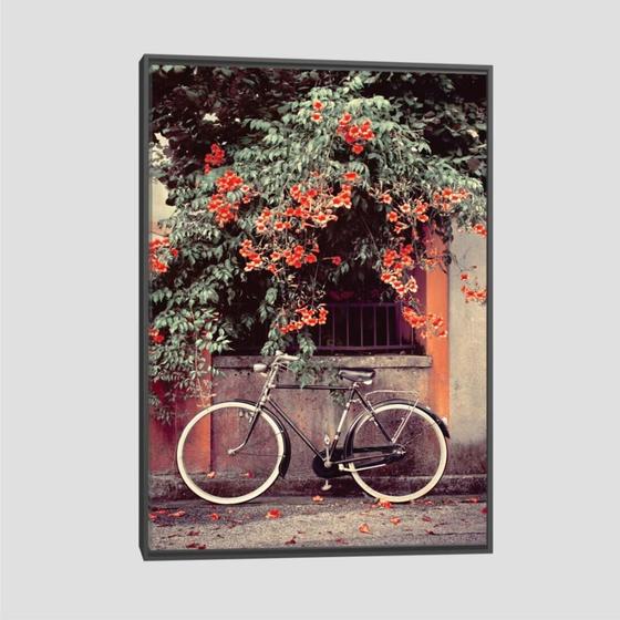 Imagem de Quadro Bike Cidade E Flor Tela Moldura Preta 63X42Cm