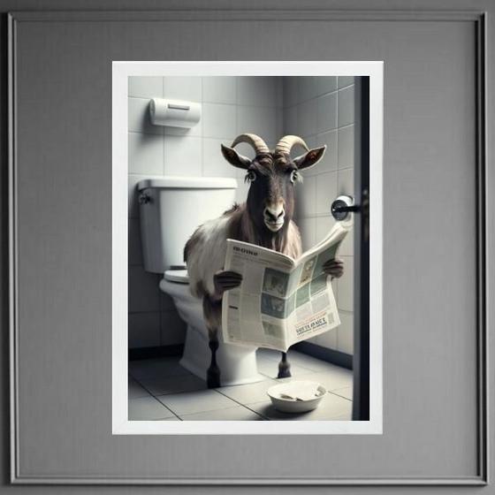 Imagem de Quadro Bode No Banheiro Lendo Jornal 45X34Cm - Com Vidro
