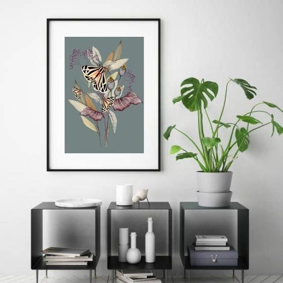 Imagem de Quadro Borboleta Flores  Cinza - 60x48cm