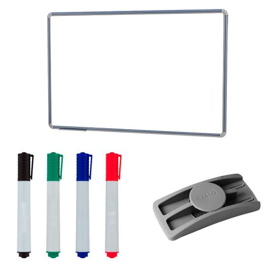 Imagem de Quadro Branco 90x60 Lousa com Moldura em alumínio Free Stalo Acompanha porta Apagador + 4 Canetas + Apagador de plástico