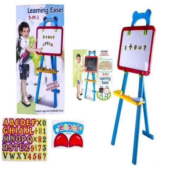 Imagem de Quadro branco magnetico e lousa infantil com 42 peças kit 3 em 1 com cavalete pedestal didatico de pintura e desenho