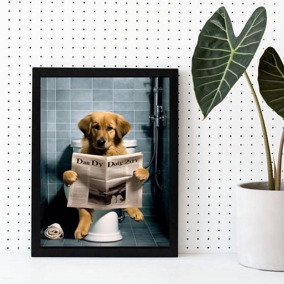 Imagem de Quadro Cachorro No Banheiro Lendo Jornal 24X18Cm - Com Vidro
