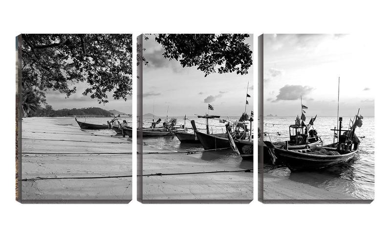 Imagem de Quadro canvas 30x66 barcos amarrados pb