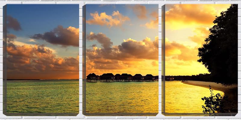 Imagem de Quadro canvas 30x66 casinhas do resort no entardecer