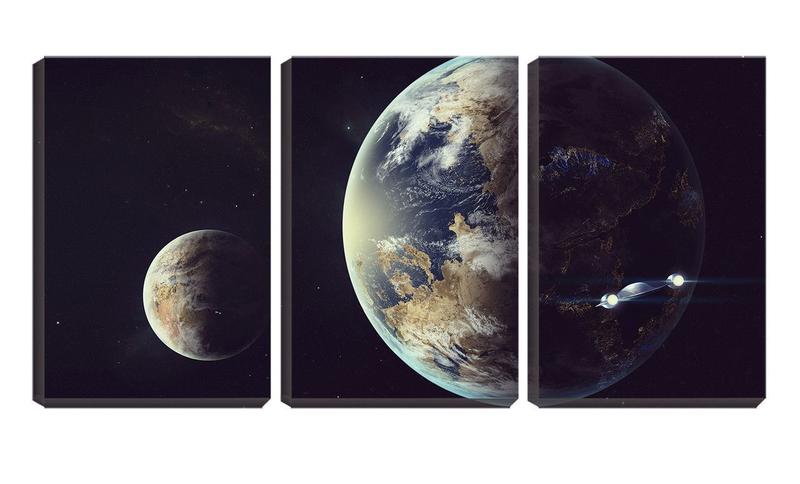 Imagem de Quadro canvas 30x66 dois planetas no espaço arte