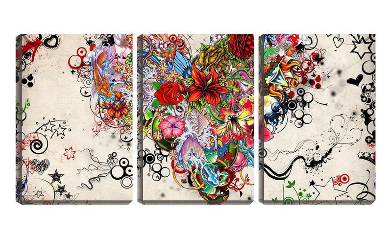 Imagem de Quadro canvas 30x66 peixes e flores arte Japão