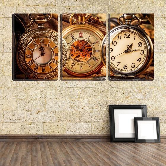 Imagem de Quadro canvas 30x66 três relógios antigos
