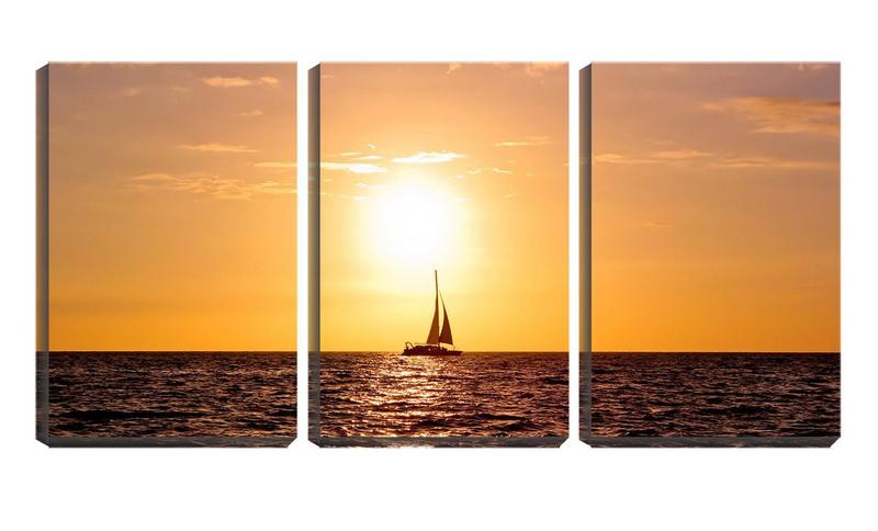 Imagem de Quadro canvas 30x66 veleiro ao pôr do sol vintage