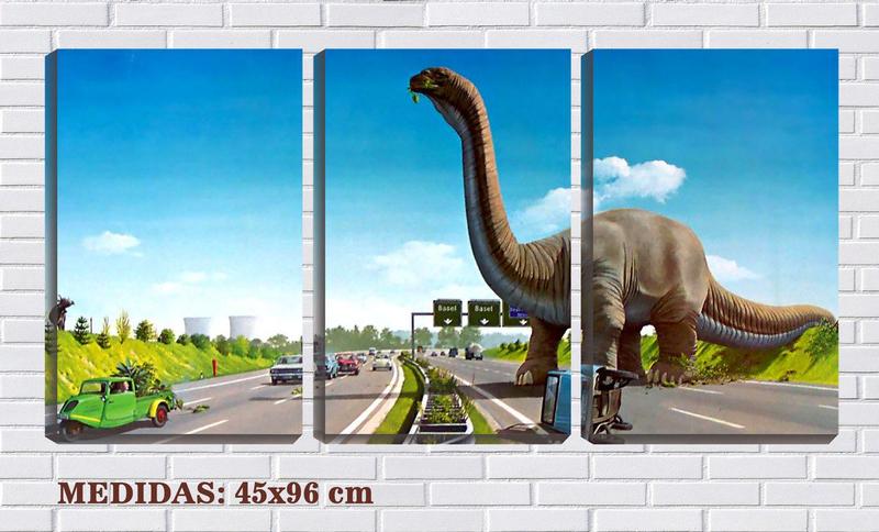 Imagem de Quadro canvas 45x96 dinossauro na estrada retrô