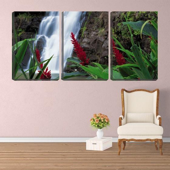 Imagem de Quadro canvas 55x110 cachoeira entre folhas verdes