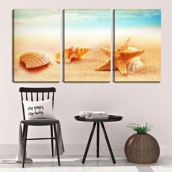 Imagem de Quadro canvas 55x110 estrela do mar e conchas na areia