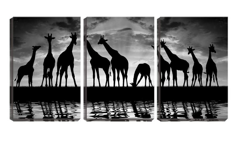 Imagem de Quadro canvas 55x110 silhueta de girafas no lago