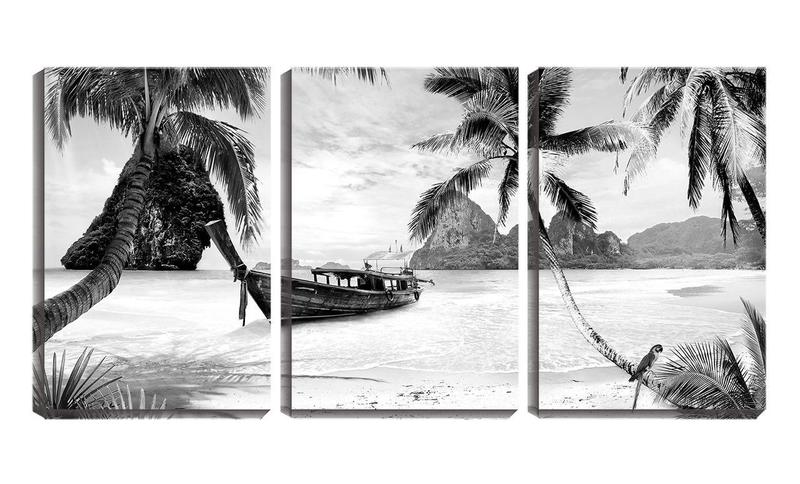 Imagem de Quadro canvas 80x140 barco pb na praia da Tailândia