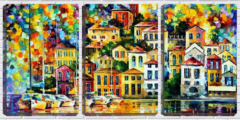 Imagem de Quadro canvas 80x140 casas e iates arte expressionista