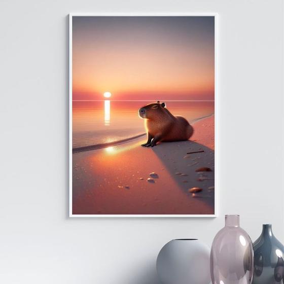 Imagem de Quadro Capivara Na Praia - Por Do Sol 33x24cm - com vidro