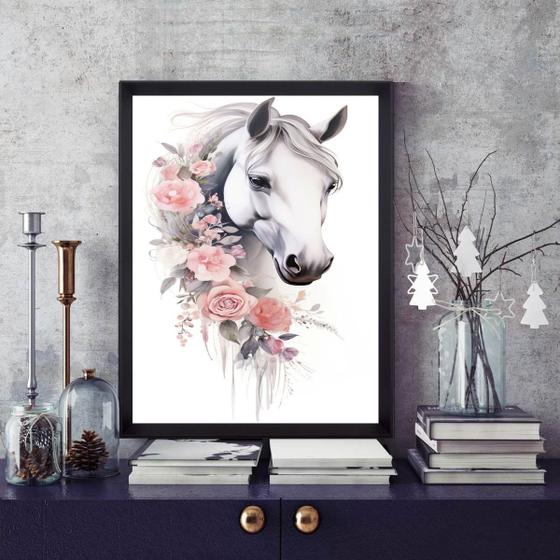 Imagem de Quadro Cavalo Branco Com Flores 45x34cm - com vidro