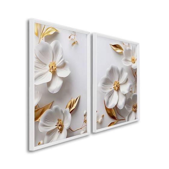 Imagem de Quadro com Flores Brancas Delicado com 2 Telas de Parede Decorativo para Sala Quarto Escritório 60cm Com Vidro