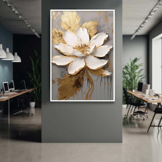 Imagem de Quadro com Moldura 130x90 Flor Bege Dourada Pincel Decorativo Grande Sala Quarto Hall