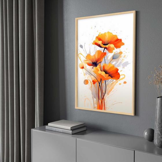 Imagem de Quadro com Moldura 130x90 Flores Arte Laranja Decorativo Grande Sala Quarto Hall