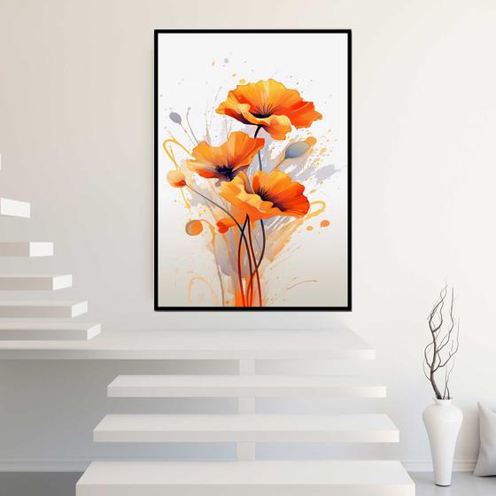 Imagem de Quadro com Moldura 130x90 Flores Arte Laranja Decorativo Grande Sala Quarto Hall