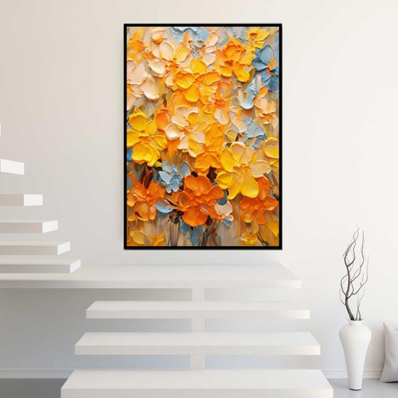 Imagem de Quadro com Moldura 130x90 Flores Pintadas Abstrato Amarelo Azul Claro Decorativo Grande Sala Quarto Hall