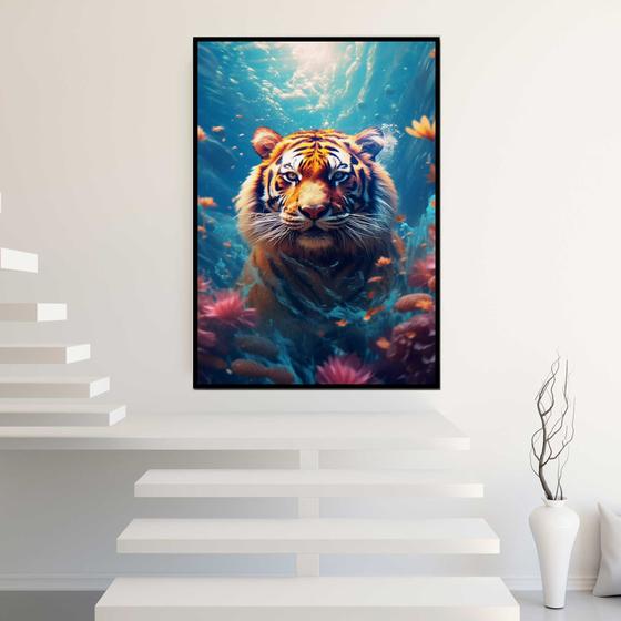 Imagem de Quadro com Moldura 130x90 Tigre Mar AI Decorativo Grande Sala Quarto Hall