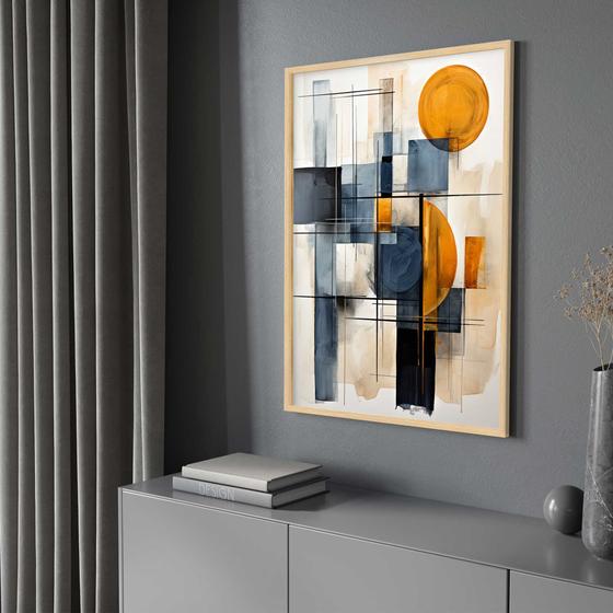 Imagem de Quadro com Moldura 40x60 Abstrato Bege Laranja e Azul Decorativo Grande Sala Quarto Hall