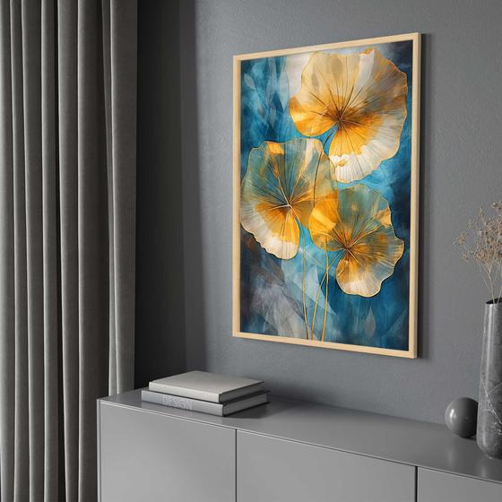 Imagem de Quadro com Moldura 40x60 Abstrato Lotus Folhas Dourada Azul Verde Decorativo Grande Sala Quarto Hall