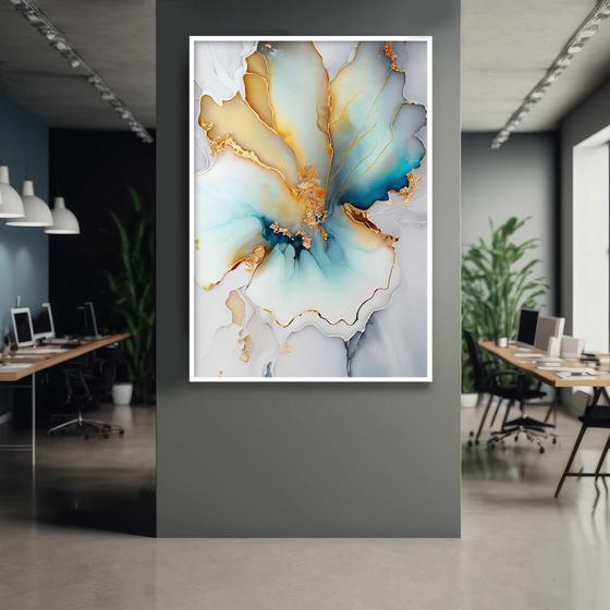 Imagem de Quadro com Moldura 40x60 Abstrato Mármore Moderno Azul Dourado Decorativo Grande Sala Quarto Hall