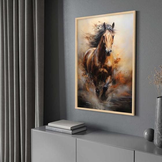 Imagem de Quadro com Moldura 40x60 Cavalos Correndo Pintura Arte Decorativo Grande Sala Quarto Hall