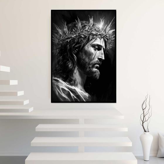 Imagem de Quadro com Moldura 40x60 Jesus Coroa de Espinho Preto e Branco Decorativo Grande Sala Quarto Hall