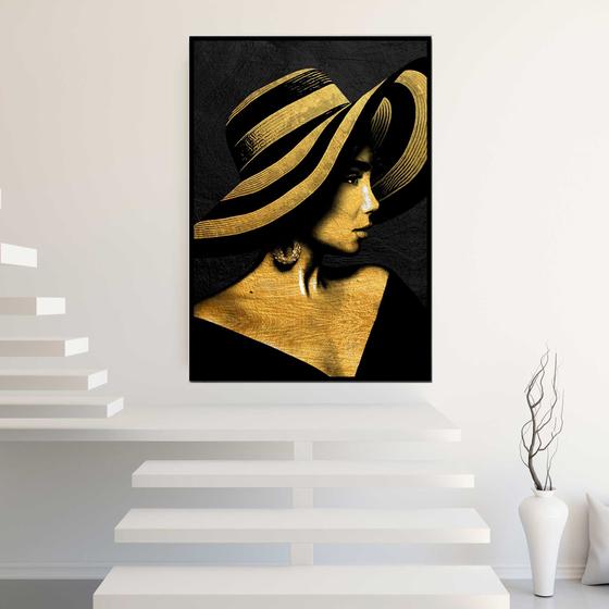 Imagem de Quadro com Moldura 40x60 Mulher  Dourada Chapéu Decorativo Grande Sala Quarto Hall