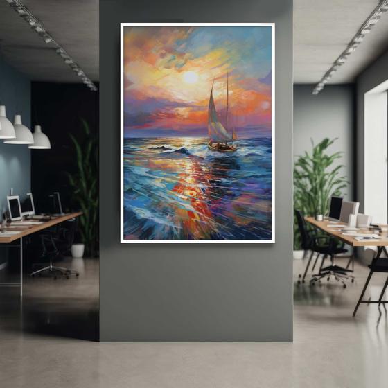 Imagem de Quadro com Moldura 40x60 Pintura Mar Por do Sol Barco Vertical Decorativo Grande Sala Quarto Hall