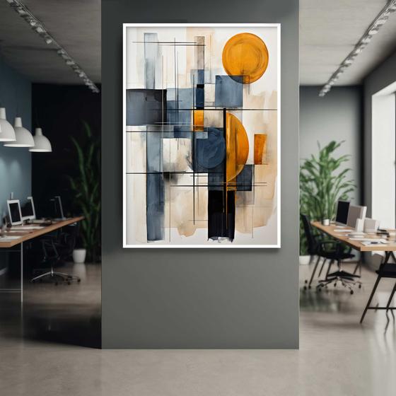 Imagem de Quadro com Moldura 90x60 Abstrato Bege Laranja e Azul Decorativo Grande Sala Quarto Hall