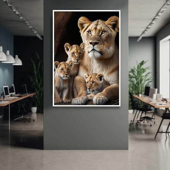 Imagem de Quadro com Moldura 90x60 Leoa 3 Filhotes Decorativo Grande Sala Quarto Hall