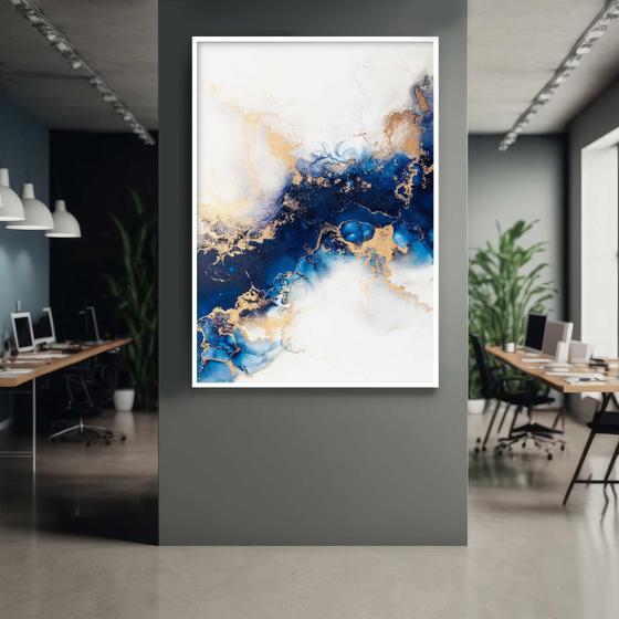 Imagem de Quadro com Moldura 90x60 Pintura Abstrata em Tons Azul Decorativo Grande Sala Quarto Hall