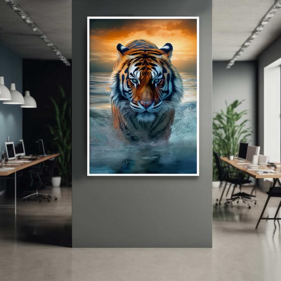 Imagem de Quadro com Moldura 90x60 Tigre por do Sol Paisagem Vertical Decorativo Grande Sala Quarto Hall