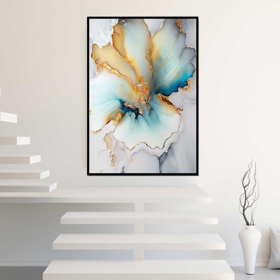 Imagem de Quadro com Moldura Abstrato Mármore Moderno Azul Dourado Decorativo Grande Sala Quarto Hall