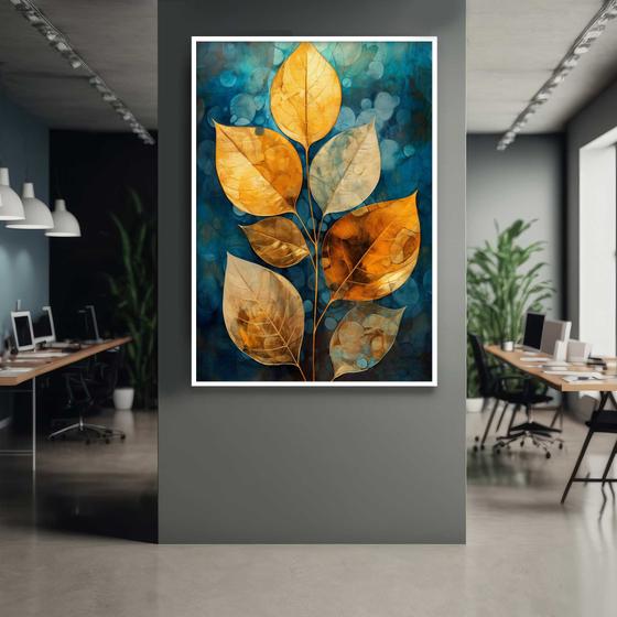 Imagem de Quadro com Moldura Abstrato Planta Folhas Dourada Azul Verde Decorativo Grande Sala Quarto Hall Escritório Cozinha Vertical
