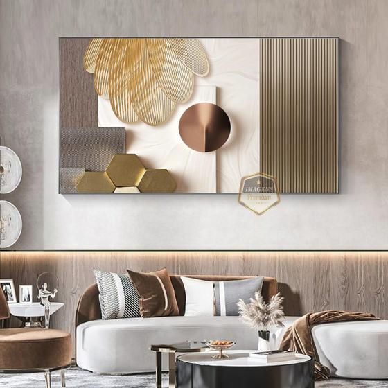 Imagem de Quadro Com Moldura Decorativo Grande Alta Resolução Para Sala Quarto   Escritório  Abstrata  Geométrica Marrom e ouro