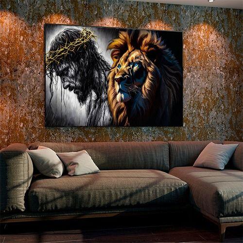 Imagem de Quadro Com Moldura Decorativo Grande Alta Resolução Para Sala Quarto   Escritório Jesus Cristo Coroa De Espinhos Leão De Judá Olhos Azuis