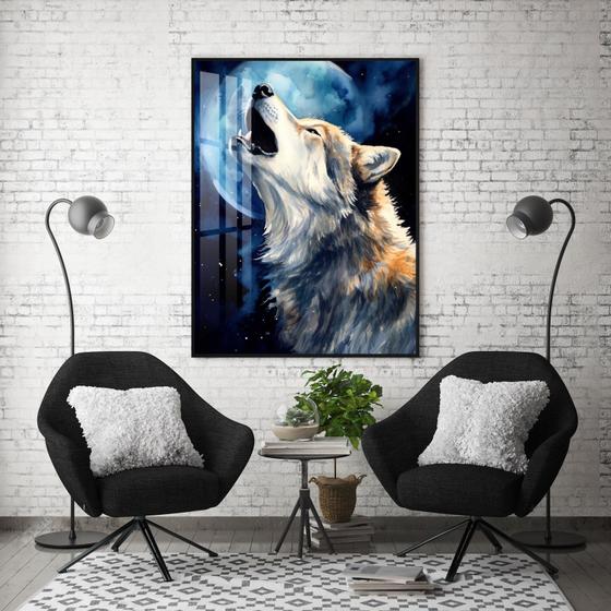 Imagem de Quadro Com Moldura Decorativo Grande Alta Resolução Para Sala Quarto Escritório Lobo Uivando Para Lua 