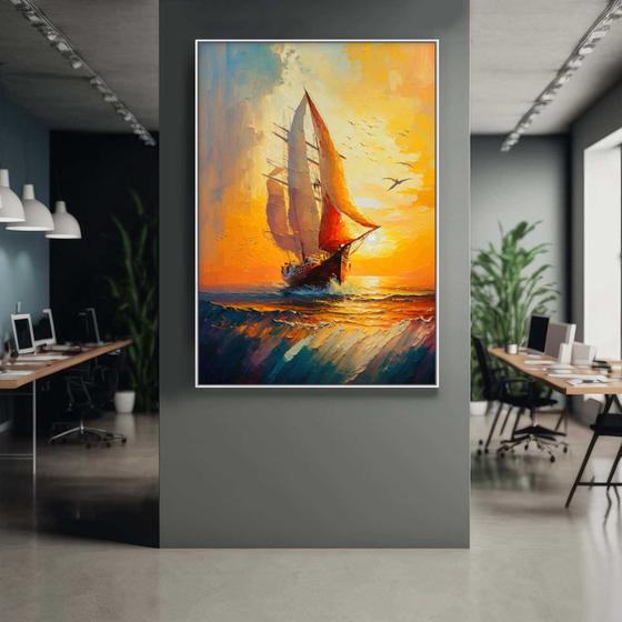 Imagem de Quadro com Moldura Decorativo Para Sala Quarto Hall Barco Por do Sol Pintura