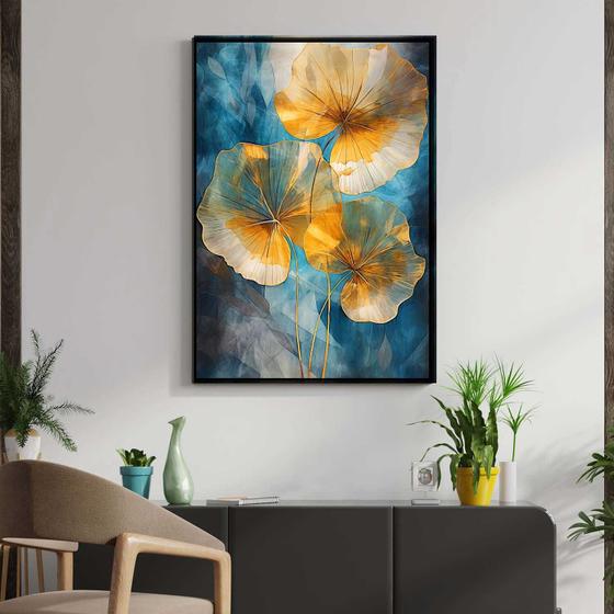Imagem de Quadro com Moldura Decorativo Para Sala Quarto Hall Floral Dourado Azul Arte Moderna