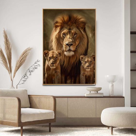 Imagem de Quadro com Moldura Decorativo Para Sala Quarto Hall Leão com 2 Filhotes Savana