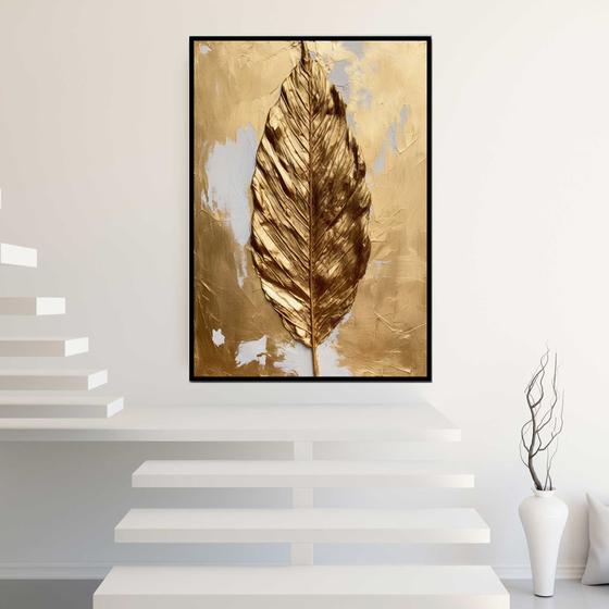 Imagem de Quadro com Moldura Folha Dourada Pintura Decorativo Grande Sala Quarto Hall Escritório Cozinha Vertical