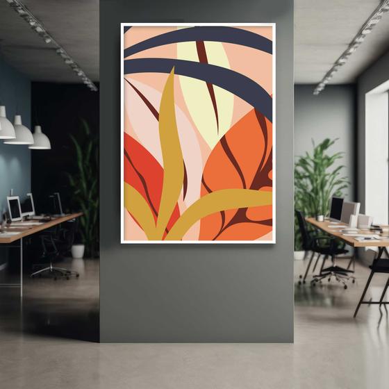 Imagem de Quadro com Moldura Folhas Planta Laranja Amarelo Decorativo Grande Sala Quarto Hall Escritório Cozinha Vertical