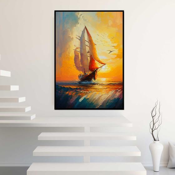 Imagem de Quadro com Moldura Pintura Barco Por do Sol Vertical Decorativo Grande Sala Quarto Hall