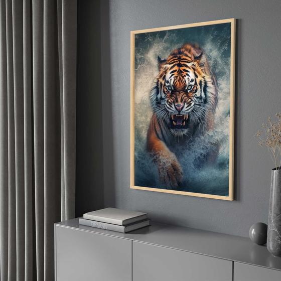 Imagem de Quadro com Moldura Tigre de Bengala Águas Vertical  Decorativo Grande Sala Quarto Hall